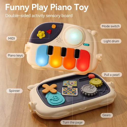 Miniatura 3 de Tapete de juego para bebé, 4 en 1, piano para patear y jugar, tapete para el tiempo boca abajo, centro de actividades musicales con luces, asiento