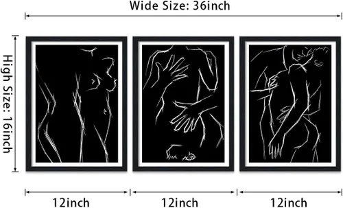 Miniatura 5 de Novatique 3 piezas de arte de pared sexy en blanco y negro para parejas desnudas, decoración de pared abstracta de amor para mujeres y hombres, arte