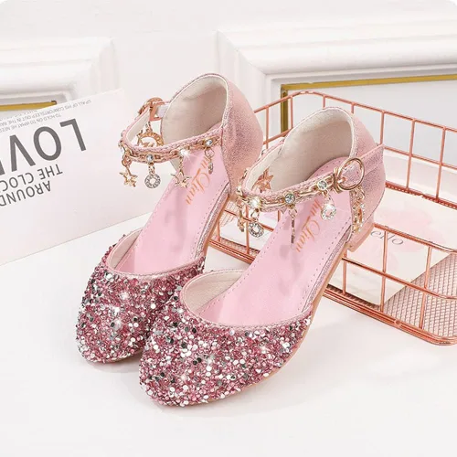 Miniatura 2 de ChuLian Zapatos de vestir para niñas pequeñas con lentejuelas con purpurina y tacones bajos de princesa Mary Jane Party Dance Shoes Sandalias