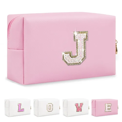 Miniatura 91 de Pequeña bolsa de maquillaje personalizada con inicial A-Z Preppy Patch, bolsa de cosméticos de viaje de felpilla blanca con cremallera, bonita bolsa