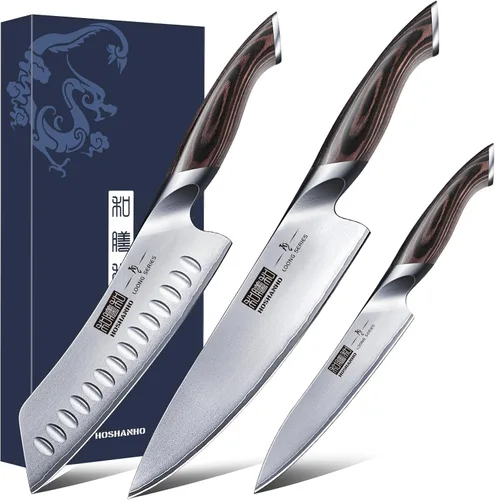 HOSHANHO Juego de 3 piezas de cuchillos, juego profesional de cuchillos de cocina de acero inoxidable de alto carbono japonés, juegos de cuchillos