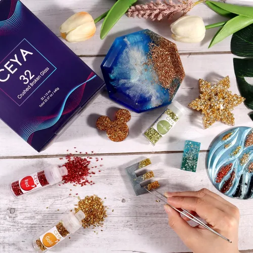 Miniatura 6 de Ceya - Conjunto de purpurina de vidrio irregular triturado en 32 colores, 640g/ 22.6 oz, chips de cristal metálico roto de 2-4mm, purpurina gruesa
