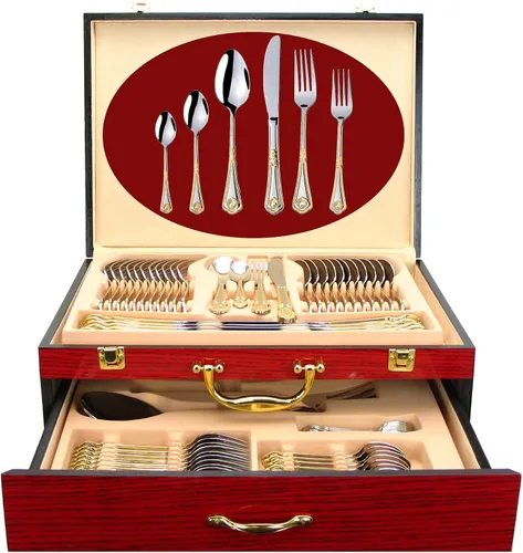 Miniatura 10 de Juego de cubiertos de lujo de 75 piezas para 12 con estuche de almacenamiento de madera, servicio de cubiertos de comedor de alta calidad, cubiertos