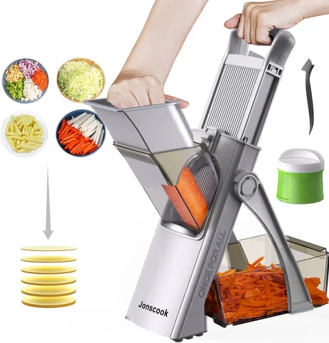 Miniatura 15 de Jonscook Rebanador de mandolina todo en uno seguro para cocina, picador de alimentos con contenedor, cortador de verduras con grosor ajustable