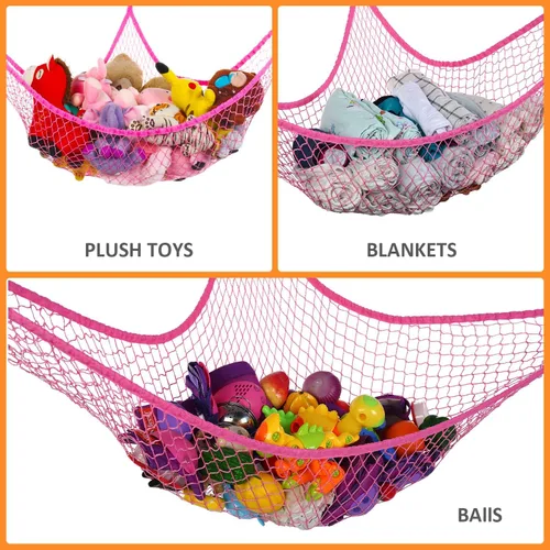 Miniatura 3 de Hamaca de juguete, red de almacenamiento de animales de peluche y juguetes, 70 pulgadas, eslinga de pared tamaño extragrande, organizador de red
