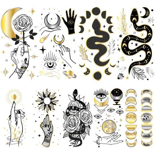 9 hojas de tatuajes temporales metálicos dorados, plateados, negros, calcomanías de tatuaje de cara para hombres y mujeres, diseño de dedos de