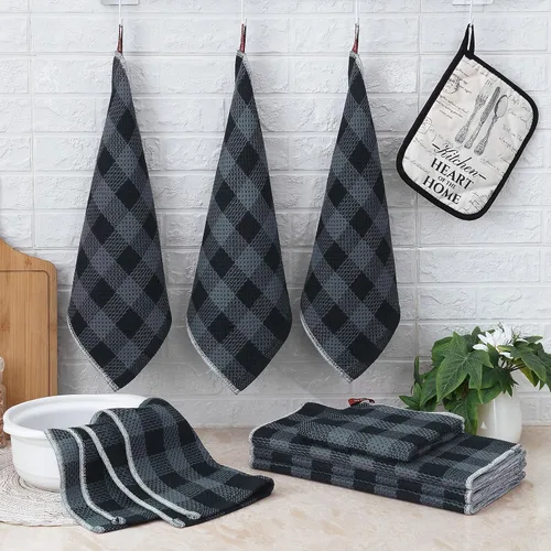 Miniatura 7 de homing Buffalo - Juego de 8 paños de cocina y paños de cocina a cuadros, 12 x 12 pulgadas y 13 x 28 pulgadas, juego de 8 toallas de cocina de Gris