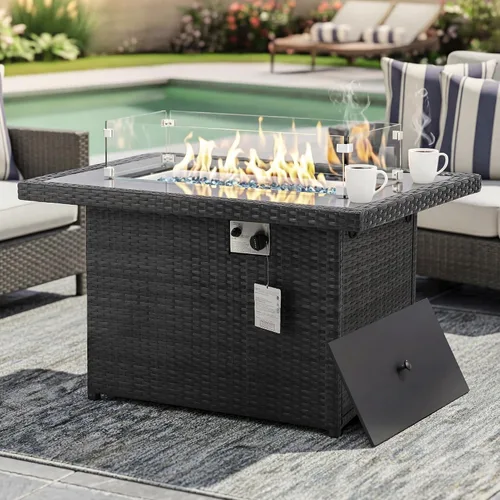 BULEXYARD Mesa de mimbre de polietileno de 43 pulgadas para patio al aire libre con cubierta impermeable de 55,000 BTU de encendido automático de