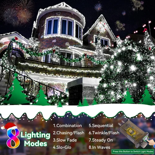Miniatura 6 de Luces de Navidad para exteriores, 403 pies, 1000 luces LED, 8 modos y función de memoria con temporizador, luces de hadas parpadeantes, IP44, Blanco