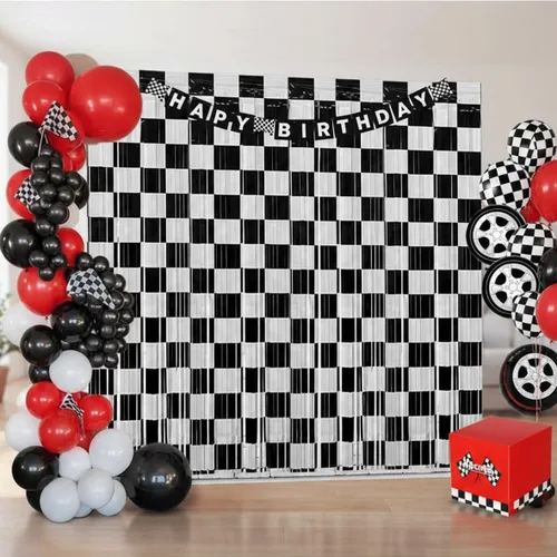 Miniatura 4 de Decoración de telón de fondo de serpentinas para fiesta de cumpleaños de auto de carreras, 2 piezas de cortina de flecos de papel de aluminio a
