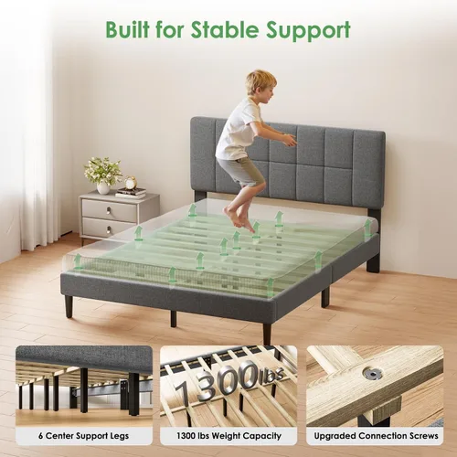 Miniatura 6 de Marsail Base de cama de tamaño individual con cabecero, tapizado, ajustable de 6 a 12 pulgadas, capacidad de 1300 libras, diseño de madera