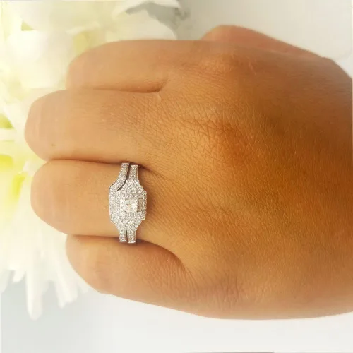 Miniatura 4 de Dazzlingrock Collection Anillo de compromiso de novia de oro de 14 quilates con diamantes redondos y princesa de 0,55 quilates con banda de 12 CT