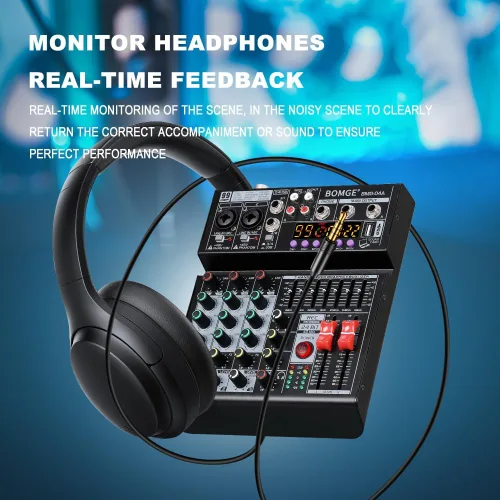 Miniatura 3 de BOMGE Mezclador de audio 04A, consola de mezcla de tablero de sonido profesional con USB/Bluetooth/Computadora/Mezclador de DJ de entrada estéreo