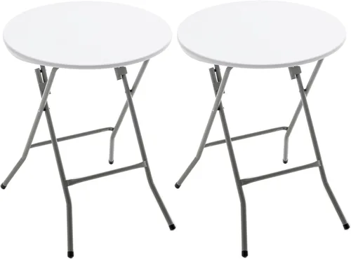 BTEXPERT Juego de 2, mesa plegable redonda de plástico blanco de 24 pulgadas, portátil comercial para picnic, fiesta, camping, banquete, tarjetas,