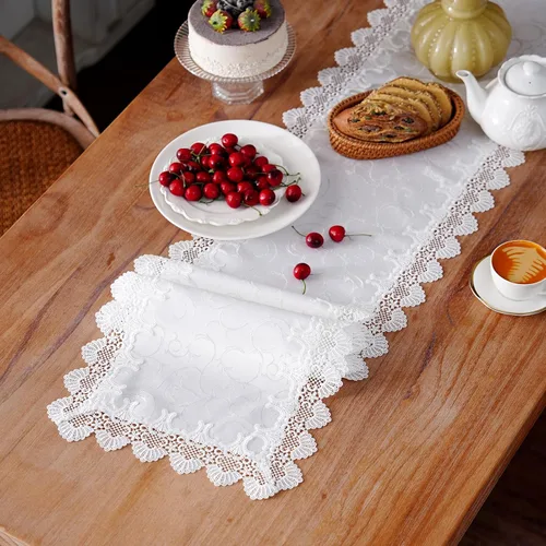 Camino de Mesa de Encaje Blanco Jacquard, Bufanda de Tocador, Caminos de Mesa Rústicos de Granja para Navidad, Boda, Café, Uso en Interiores y
