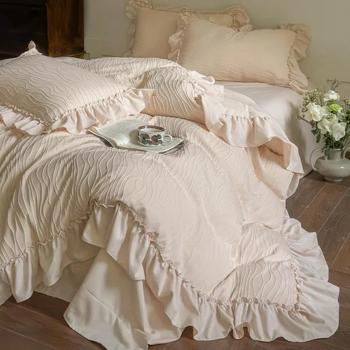 3 Pcs Vintage Beige Wavy Textured Ruffle Twin XL Duvet Cover, Zipper & Ties | French Country Shabby Chic Aesthetic Comforter Cover, Soft Breathable