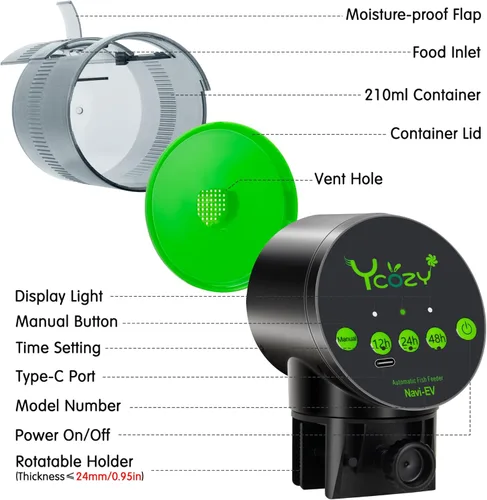 Miniatura 2 de Ycozy Comedero automático para peces recargable con cable USB, a prueba de humedad, alimentador eléctrico inteligente para peces/tortugas
