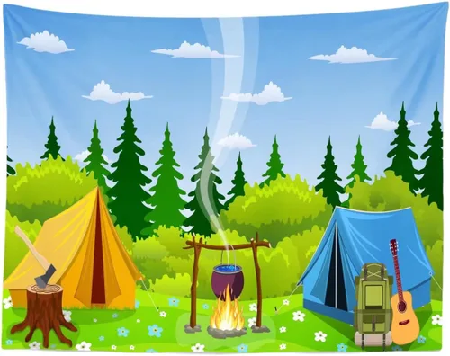 Miniatura 3 de BELECO Telón de fondo de campamento de 5 x 3 pies, tela de dibujos animados, escena del bosque, fogata, tienda de campaña, tienda de campaña
