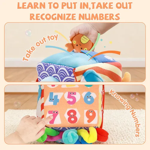 Miniatura 6 de SAIMAND Juguetes para bebés de 6 a 12 meses – Caja suave misteriosa con 5 animales marinos de peluche, sonajero, papel crujiente y espejo – Juguetes