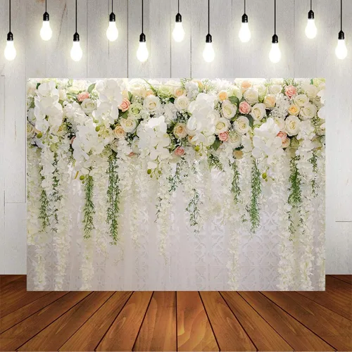 Miniatura 5 de Mocsicka Telón de fondo de pared de flores de boda para sesión de fotos, decoración de boda para recepción, pancarta de fondo floral de rosa blanca