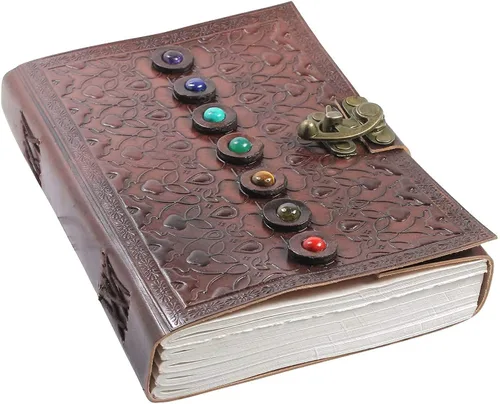 Libro de sombras de cuero vintage, cuaderno sobrenatural con siete piedras de gemas de chakras, cristales curativos, el mejor regalo para hombres y
