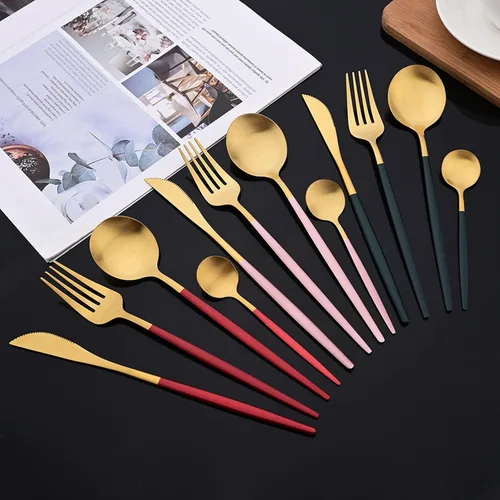 Miniatura 4 de JASHII Juego de 40 cubiertos de color rosa mate y dorado, juego de cubiertos de acero inoxidable para 8, incluye cucharadas de tenedor para tartas