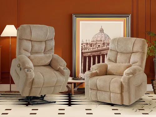 Miniatura 9 de CDCASA Silla Reclinable de Elevación Eléctrica de Gran Tamaño con Doble Motor que se Recuesta Completamente con Masaje, Calefacción, Textil