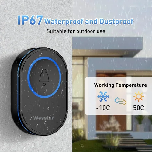 Miniatura 4 de Timbre inalámbrico, impermeable IP67, con 39 campanillas, 5 niveles de ajuste de volumen e indicador LED, fácil de instalar en casa, aula y almacén