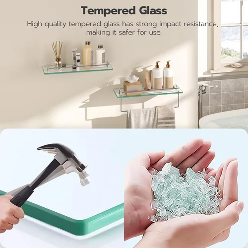 Miniatura 8 de HOOBRO Estantes de vidrio para baño, estante de vidrio flotante de 15.7 pulgadas para pared, juego de 2 soportes montados en la pared de acero