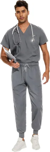 VIAOLI Conjunto de ropa quirúrgica para hombre con cuello en V y pantalón deportivo de 8 bolsillos para enfermería, conjuntos de uniformes médicos