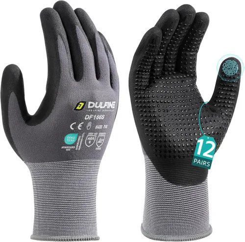 Miniatura 8 de DULFINE Safety Work Gloves for Men & Women, MicroFoam Nitrile Coated Nylon Black Grip for General Purpose, 3/6/12/36 Pairs Gris