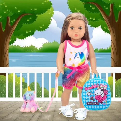 Miniatura 7 de K.T.Fancy - Juego de 7 bolsas de muñecas de 18 pulgadas y accesorios, incluyendo ropa, zapatos, lentes de sol, mochila para muñecas y unicornio
