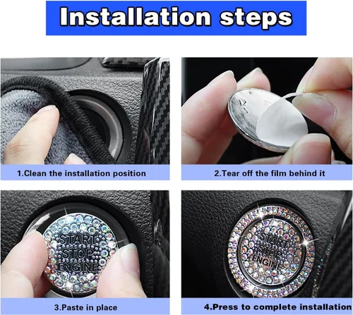 Miniatura 5 de 2 calcomanías para anillo exterior de un botón de arranque de automóvil, diamantes de imitación brillantes que protegen completamente el botón