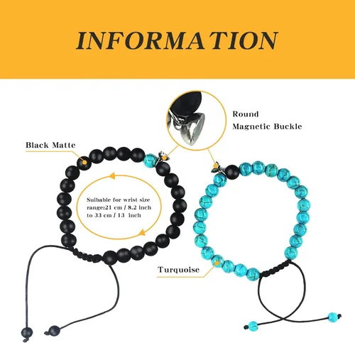Miniatura 28 de 2 pulseras magnéticas para parejas, piedra natural negra mate, cristal para votos de amor eterno, juego de pulseras de cuentas de piedra de energía