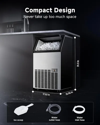 Miniatura 9 de Máquina de hielo comercial, 100 libras/día, 45 cubos en 11 minutos, máquina de hielo debajo del mostrador con almacenamiento de 33 libras, plateado