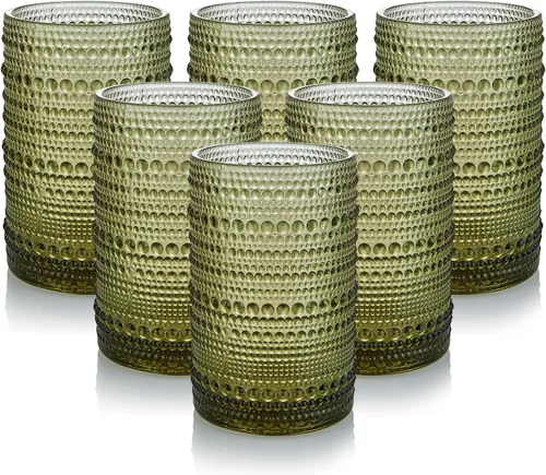 HomeVogue Hobnail - Juego de 6 vasos para beber de 15 oz, juego de cristalería vintage, juego de vasos de cóctel, vasos de agua verdes en relieve,