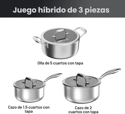 Miniatura 6 de COOKER KING Juego de 6 ollas antiadherentes híbridas de 1.5 y 2 cuartos de galón y ollas de 5 cuartos con tapas de vidrio, utensilios de cocina