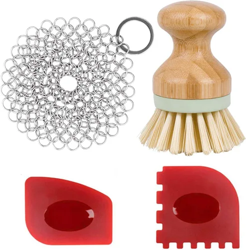 Kit de limpieza de hierro fundido, Cepillos de limpieza de ollas, Depurador de malla de acero inoxidable, Raspadores de cacerola, Limpieza de cocina