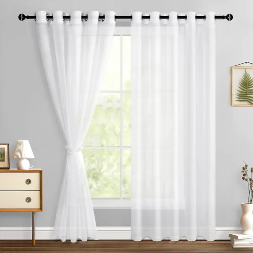 Miniatura 98 de Hiasan - Cortinas traslúcidas de gasa cortas semitransparentes con ojales y alzapaños filtrantes de luz para ventana, dormitorio, baño, 2 paneles