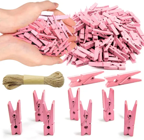 Miniatura 13 de Mini Pinzas de Ropa de 1.35 Pulgadas para Fotos, 100 Piezas con 32 Pies de Cordel de Yute, Mini Pinzas de Ropa para Manualidades, Pequeñas Pinzas