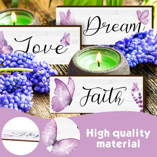 Miniatura 3 de Gerrii 4 piezas de decoración de pared de fe, esperanza, amor, sueño, elegante, primavera, mariposa, madera, decoración para colgar en la Morado