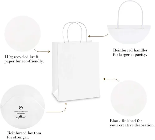 Miniatura 5 de BagDream 75 bolsas de papel kraft de 5 x 3 x 8 y 8 x 4.25 x 10 y 10 x 5 x 13, bolsas de regalo blancas con asas a granel, para manualidades, Blanco