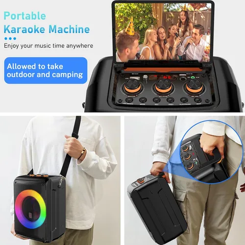 Miniatura 6 de Máquina de karaoke HWWR con 2 micrófonos, altavoz Bluetooth portátil para adultos, altavoz para fiestas en casa con luz DJ para exteriores, eventos