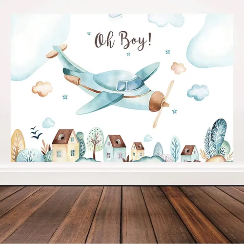 Telón de fondo de baby shower con texto en inglés "Oh Boy", decoración de fiesta de cumpleaños para niños, fondo de avión, para recién nacidos,