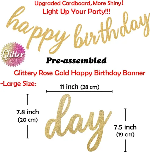Miniatura 2 de Decoraciones de feliz cumpleaños rosa y dorado – Cartel dorado de feliz cumpleaños, flores con pompones, guirnalda de puntos circulares brillantes