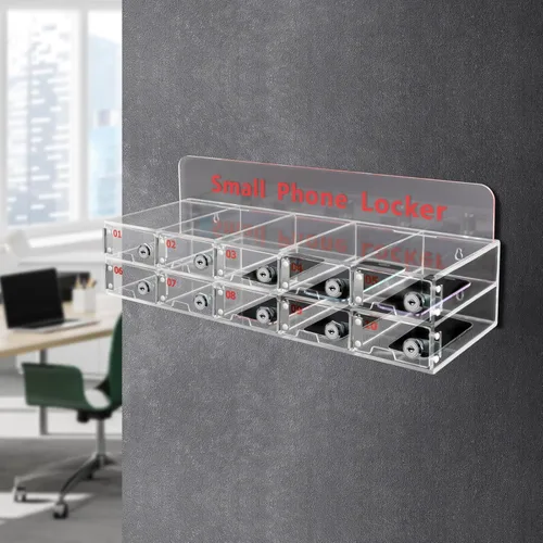 Miniatura 2 de Taquillas de teléfono celular, caja de bloqueo de acrílico para teléfono celular con cerraduras de puerta y llaves, 10 ranuras montadas en la pared