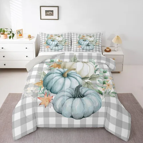 Miniatura 10 de Erosebridal Juego de edredón individual de pavo de Acción de Gracias, juego de ropa de cama de calabaza con hojas de otoño para niños y adultos