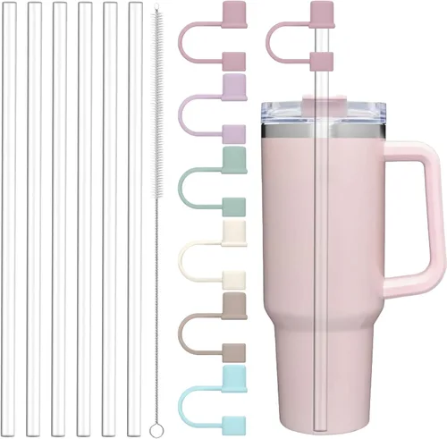 Popote de repuesto transparente con fundas para vaso Stanley de 40 y 30 onzas, popotes reutilizables de 0.394 in con cepillo de limpieza, accesorios