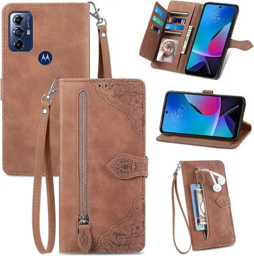 Miniatura 11 de Funda tipo cartera para Moto G Pure/G Power 2022/G Play 2023, funda de piel sintética de lujo con cremallera y soporte para tarjeta de crédito