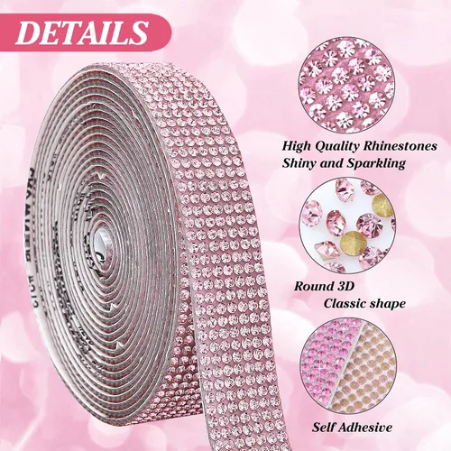 Miniatura 4 de Tiras autoadhesivas de diamantes de imitación rosas, 3 yardas con diamantes de imitación de 0.079 pulgadas para decoración de automóviles